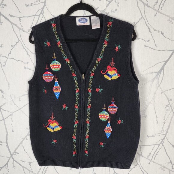 Tabi Cotton Knit Colorful Ornaments Embroidered Full Zip Sweater Vest - Picture 1 of 6